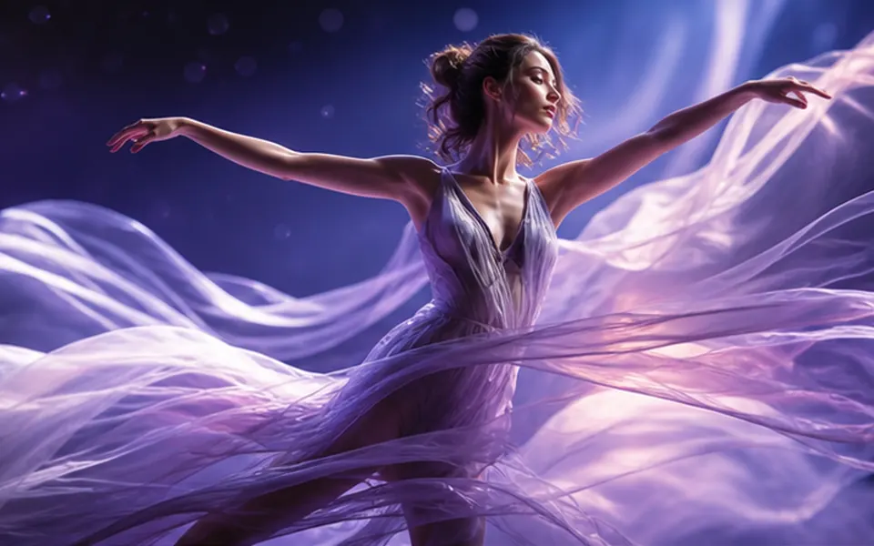 Dancer in flowing fabric under violet stage lighting