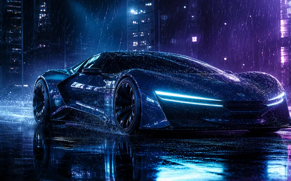 Futuristic sports car on a rain-soaked city street at night