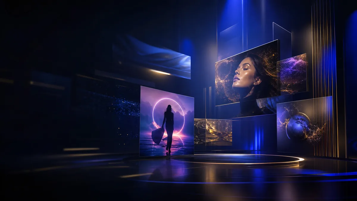 AI video generator brand clip scene with premium visuals, product screens, and cinematic blue lighting