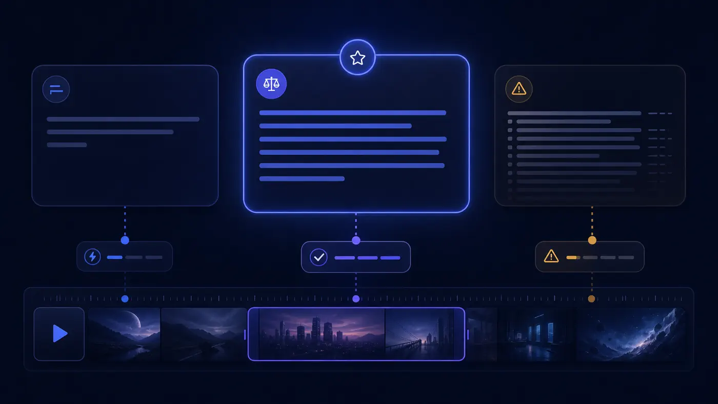 Short, balanced, and overloaded AI video prompts mapped to a video timeline