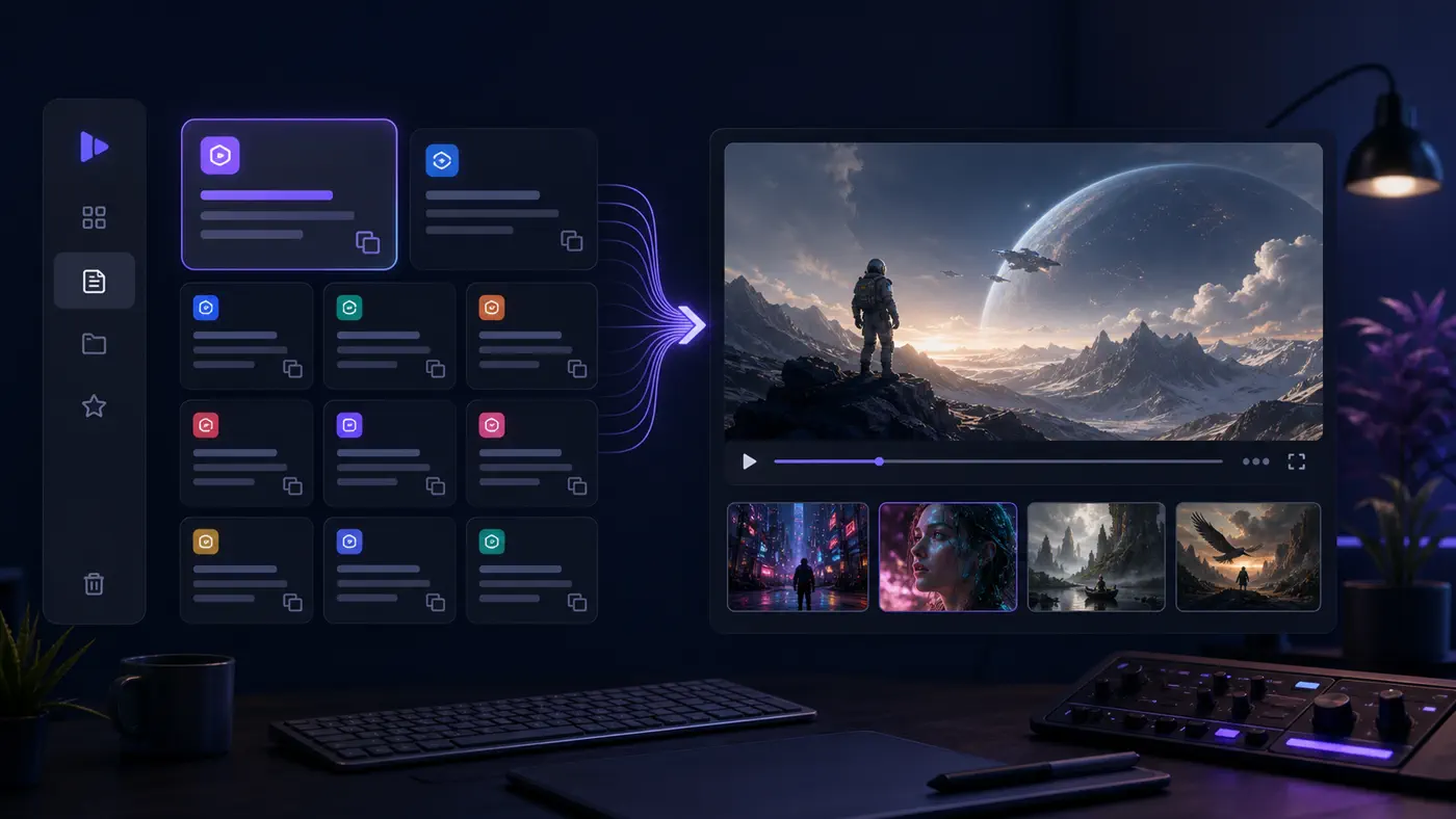 Reusable AI video prompt templates feeding into a video preview