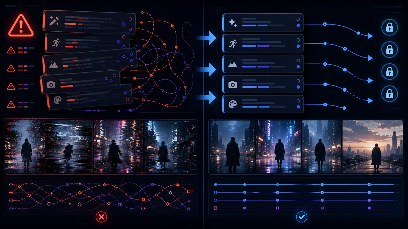 AI video prompt troubleshooting dashboard comparing messy instructions with cleaner stable output