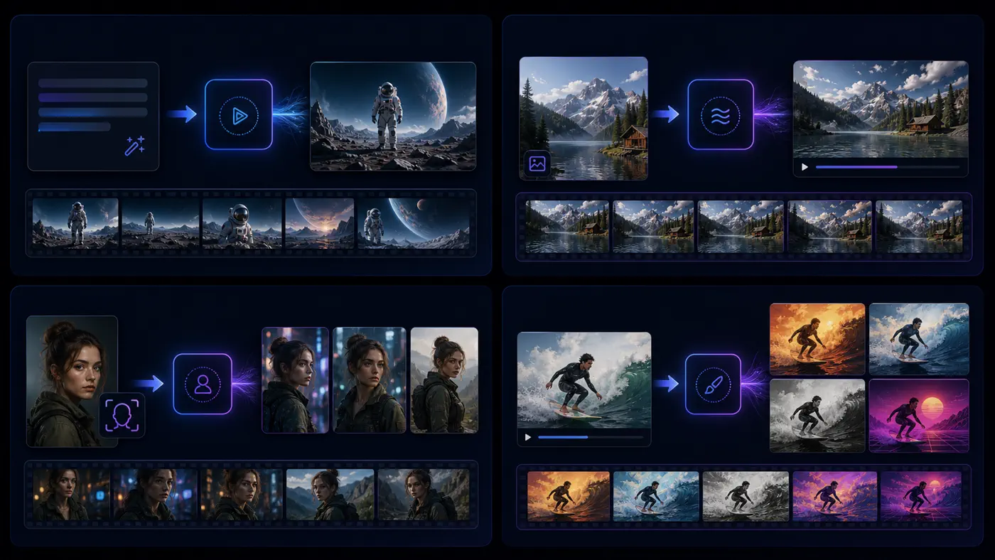 Four AI video modes shown as text to video, image to video, reference to video, and video to video workflows