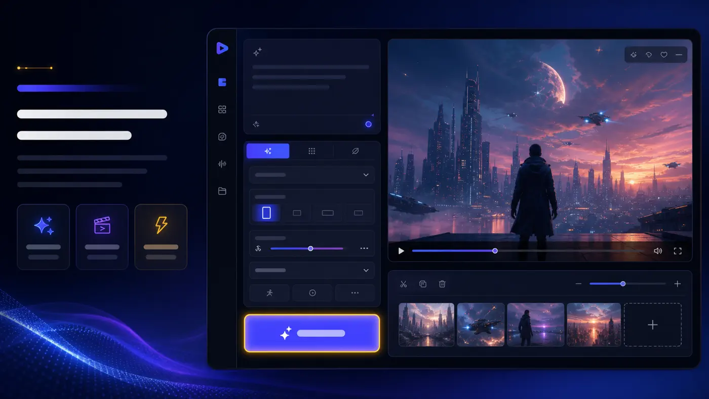 FluxArt-style AI video generation workspace with prompt input and cinematic preview