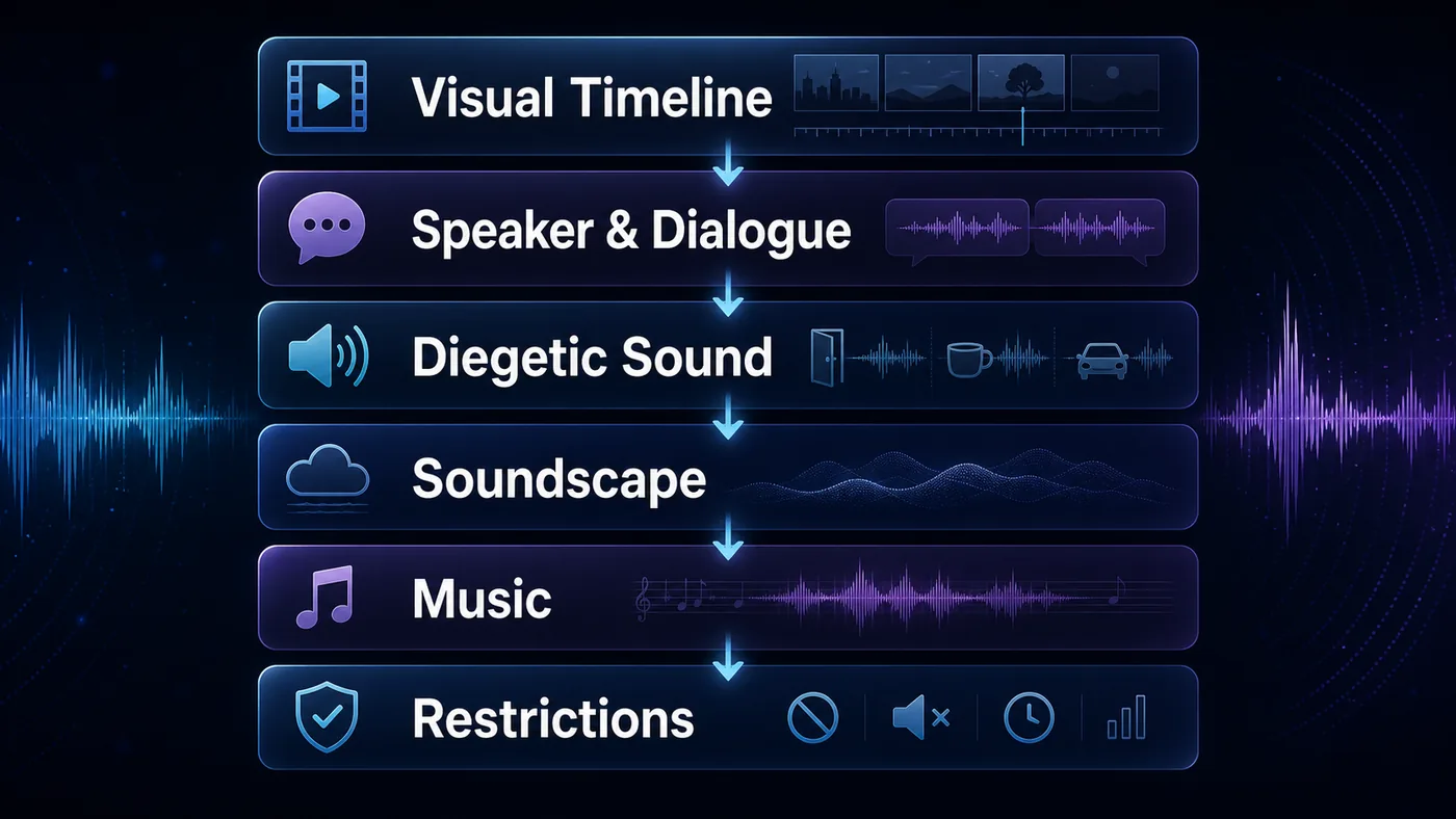 MiniMax H3 audio control stack with visual timeline, dialogue, scene sound, ambience, music, and restrictions