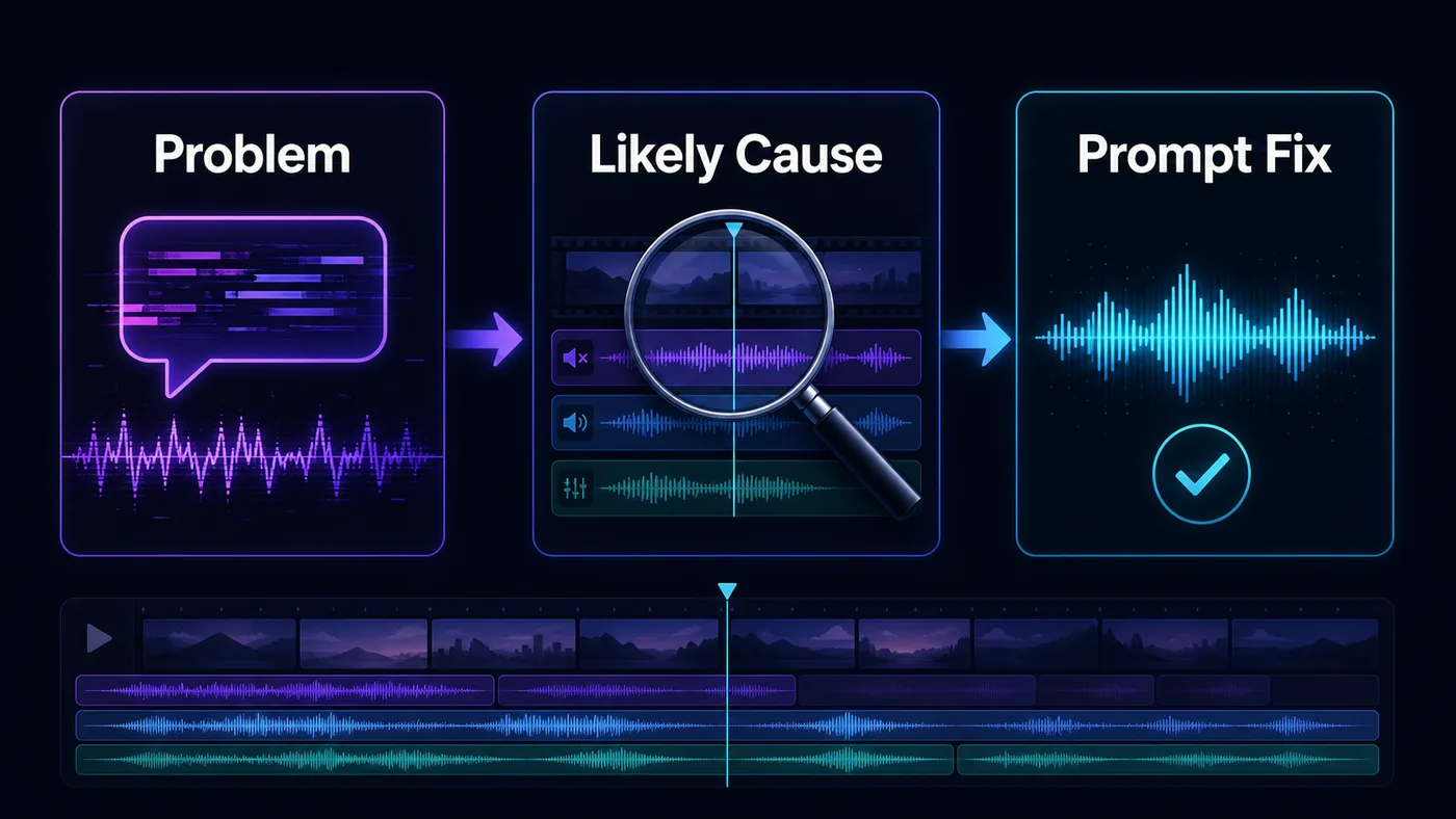 MiniMax H3 audio troubleshooting workflow showing problem, likely cause, and prompt fix