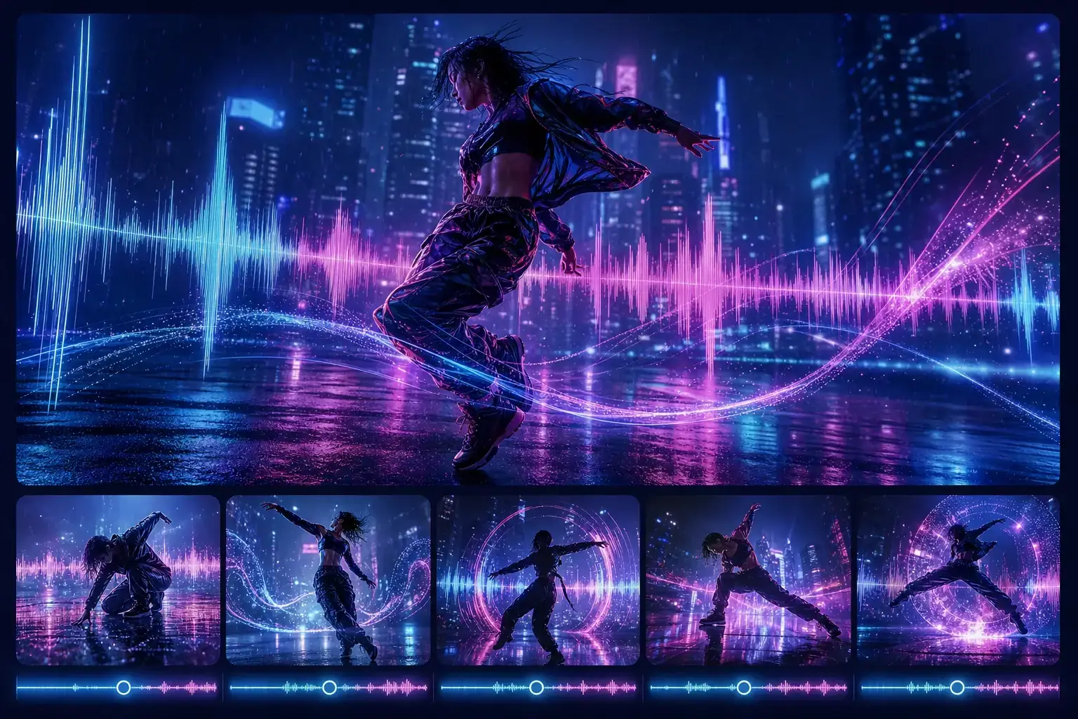 AI music generator concept showing a dancer moving through a sunlit gallery with flowing motion
