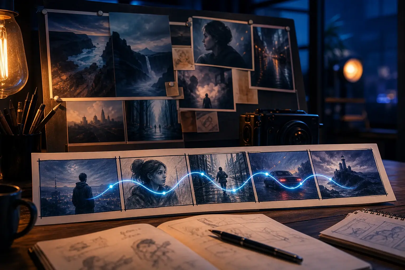 Text-to-video AI generator storyboard with sketches turning into cinematic video frames