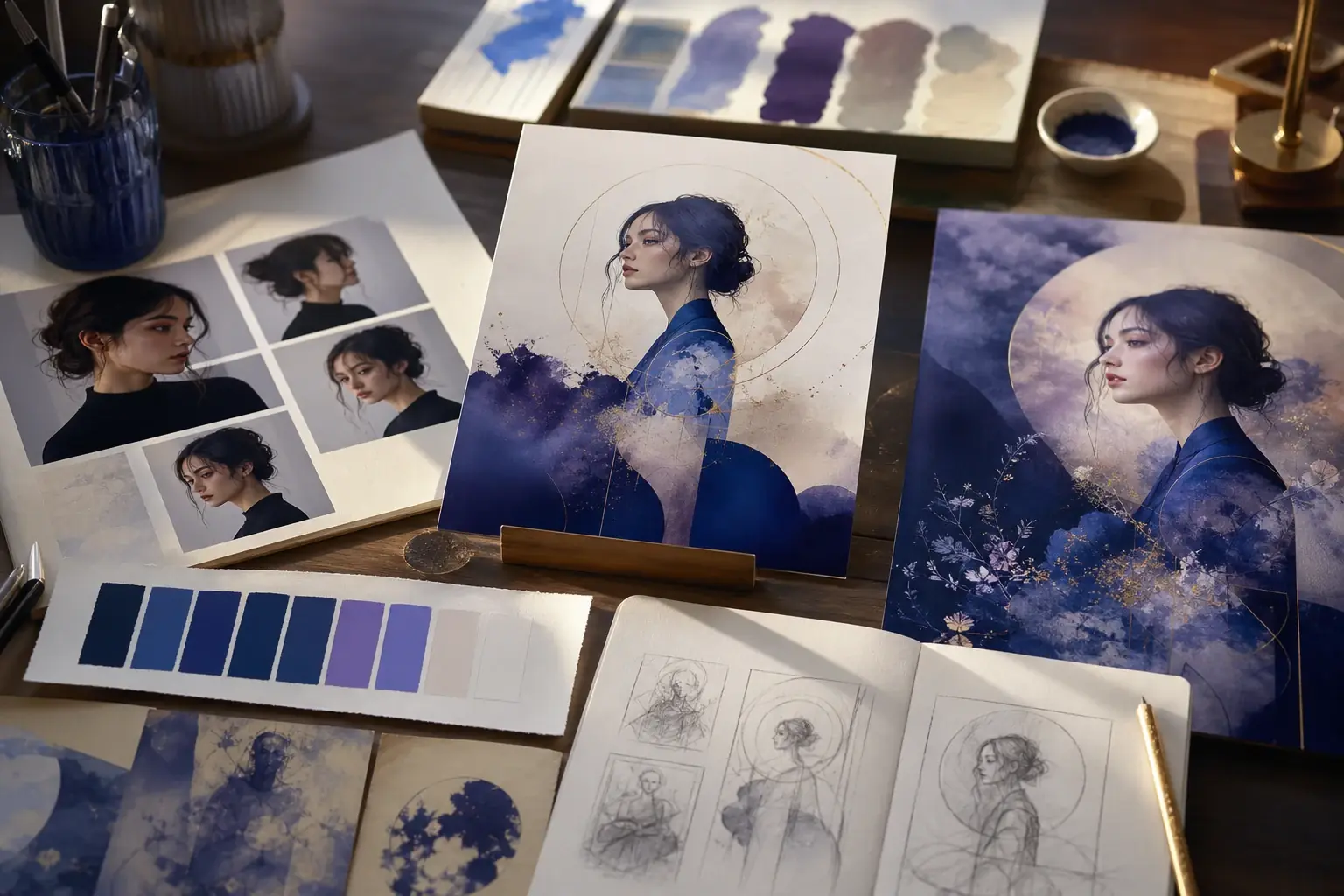 AI image generator concept showing an edited portrait with luminous botanical details