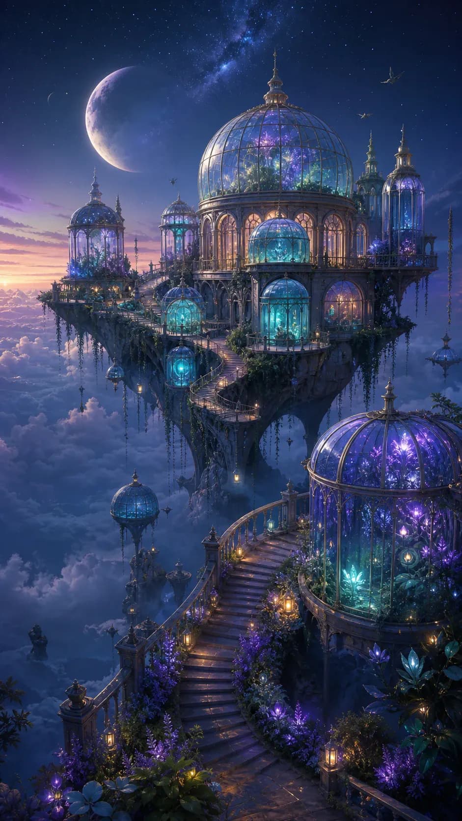 AI-generated fantasy image of a floating botanical observatory above the clouds