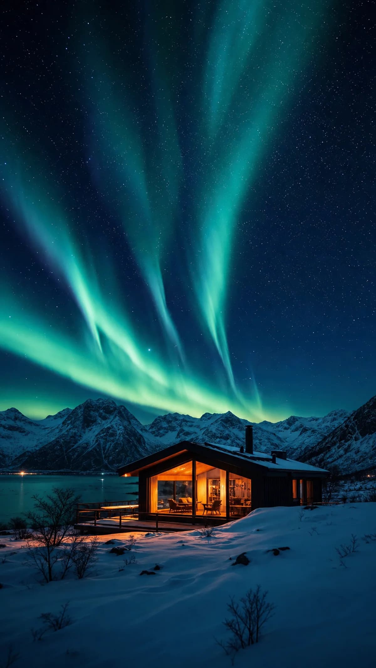 AI-generated landscape image of a warm cabin beneath the northern lights