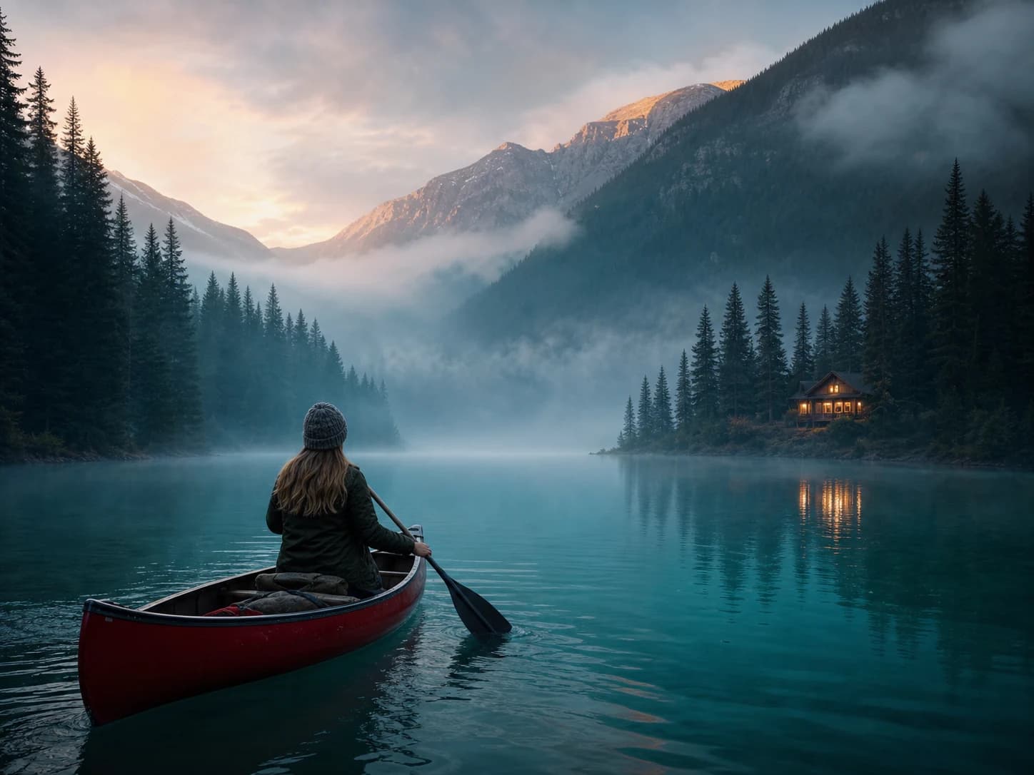 AI-generated landscape image of a red canoe crossing a misty turquoise mountain lake