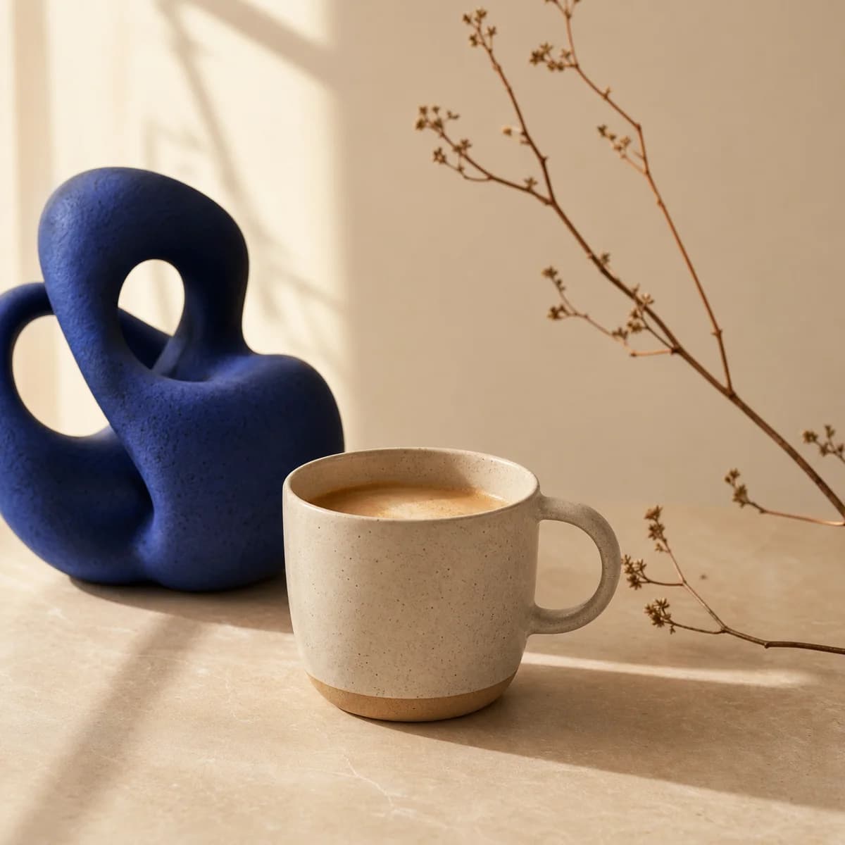 AI-generated product image of a ceramic coffee cup with a cobalt sculpture