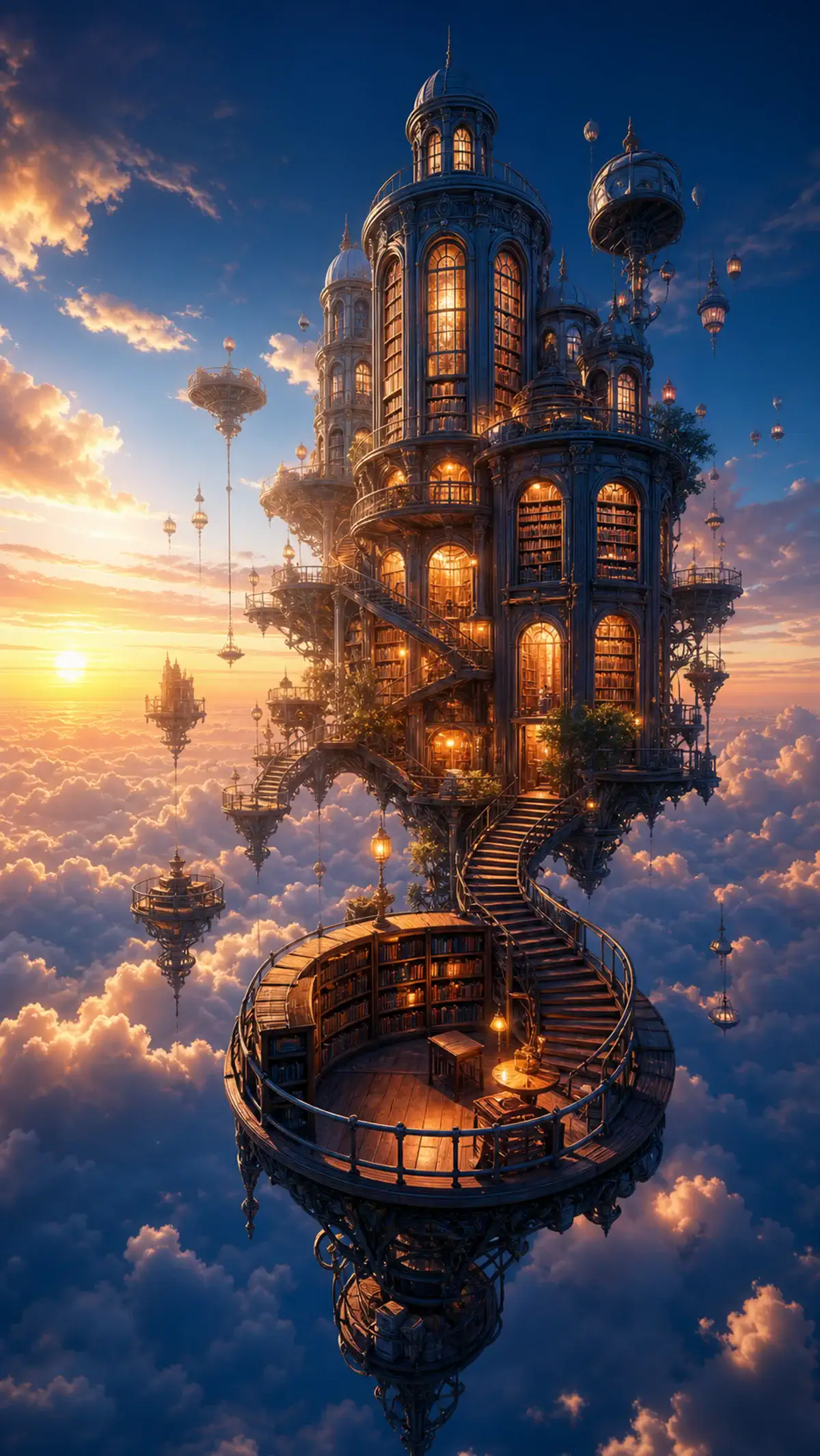 AI-generated fantasy image of a floating library above the clouds