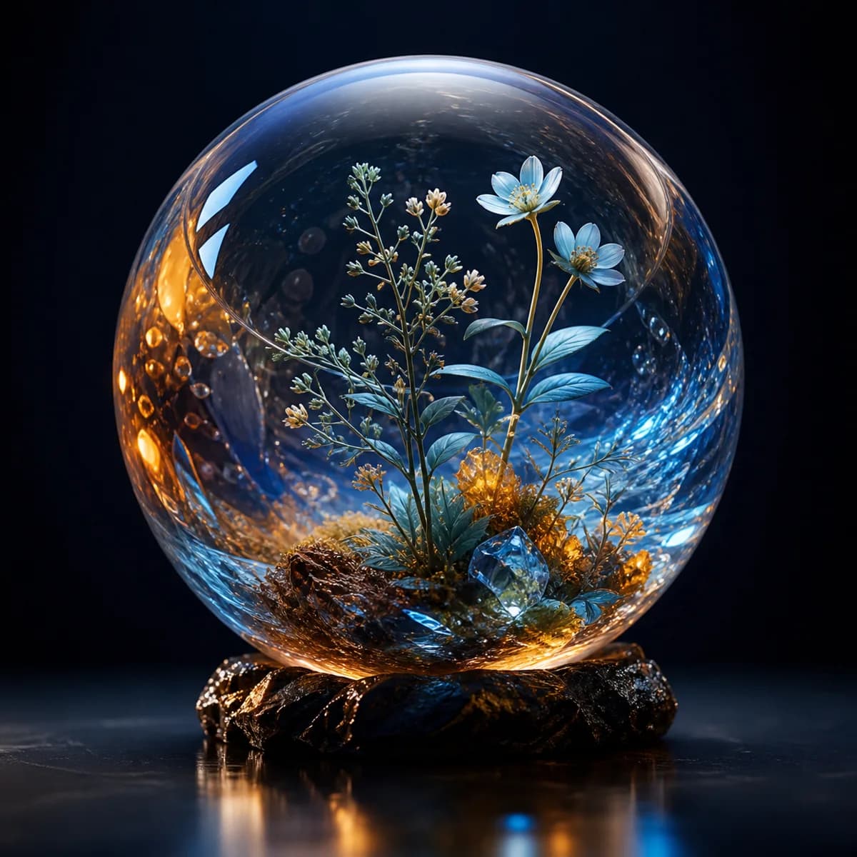 AI-generated fantasy image of a glass orb containing a small botanical world