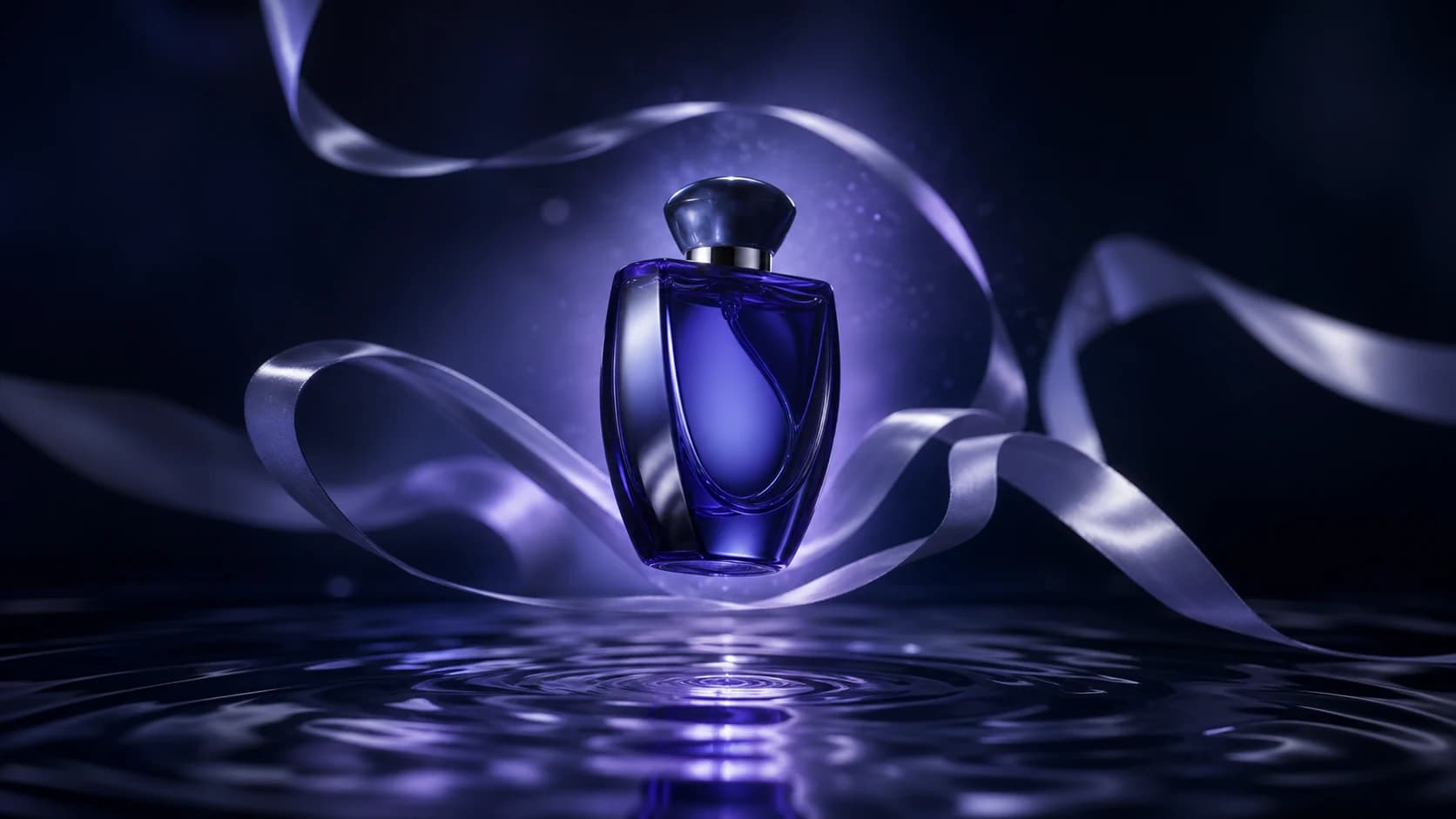 AI-generated product image of a cobalt perfume bottle floating above rippling water