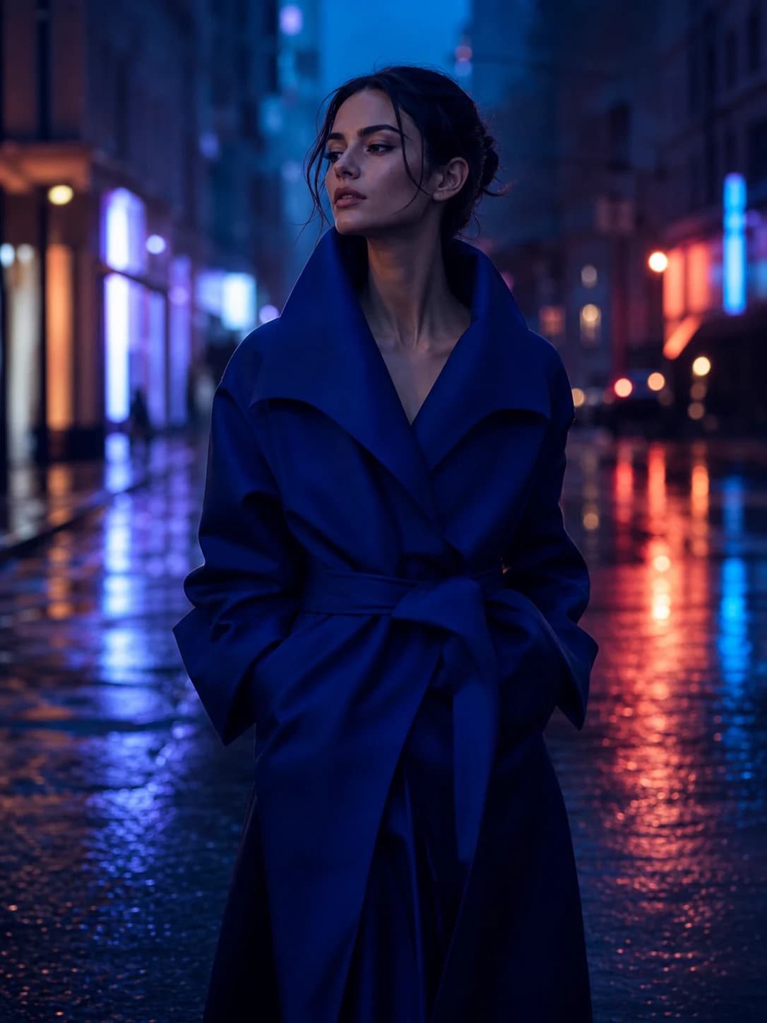 AI-generated cinematic fashion portrait in a rain-lit midnight street