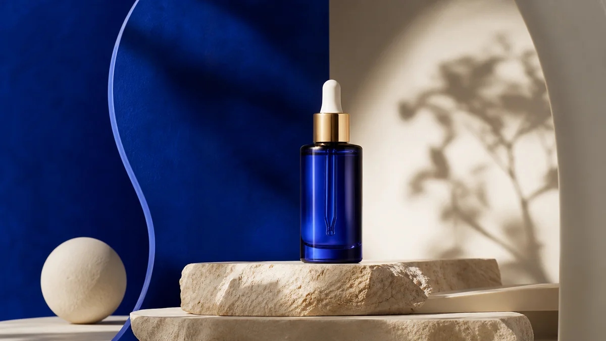 AI-generated product image of a blue skincare bottle on a sculptural studio set