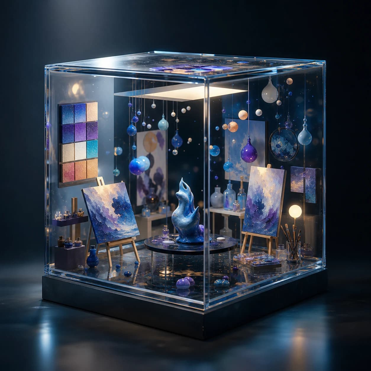 AI-generated creative studio scene inside a glass cube