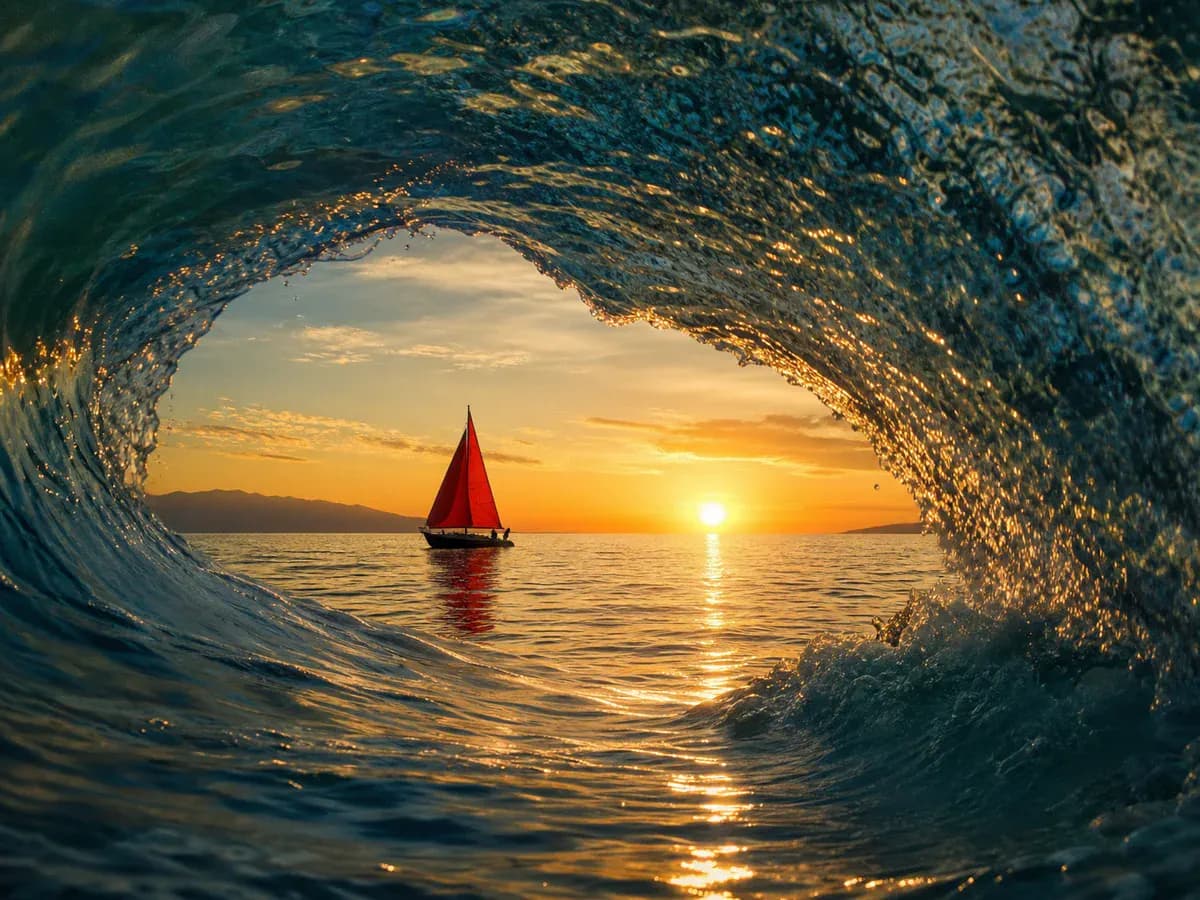 AI-generated image of a red sailboat framed by a golden ocean wave