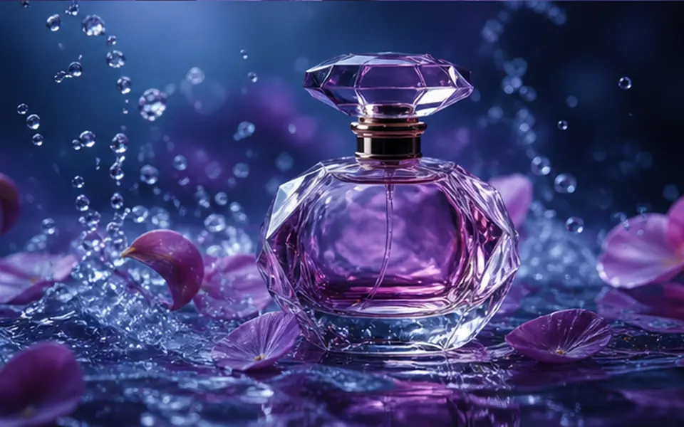 Purple perfume bottle surrounded by water and petals representing MiniMax H3 native stereo audio