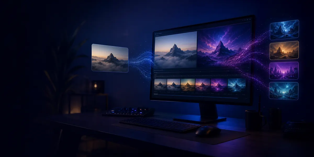 AI video to video workflow showing existing footage transformed into new visual versions without reshooting.