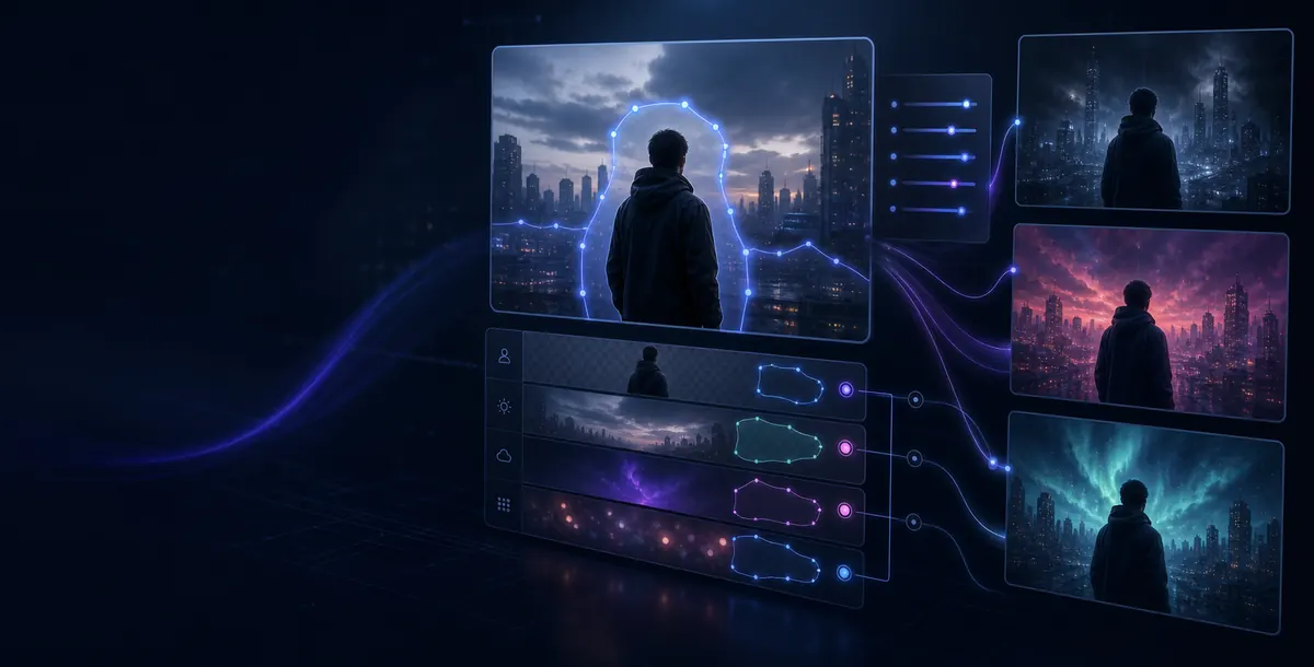 Prompt-guided AI video editing interface with masks and visual variations for targeted video changes.