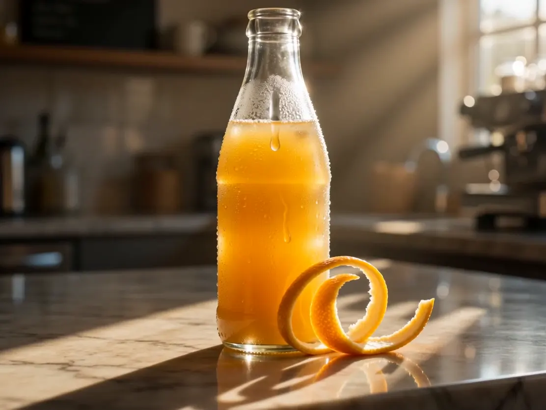 AI video generator food and beverage advertisement showing a chilled citrus drink in a modern cafe