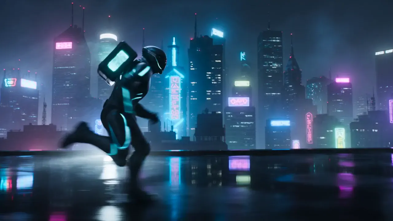 AI video generator game trailer scene showing an armored courier crossing a neon city rooftop