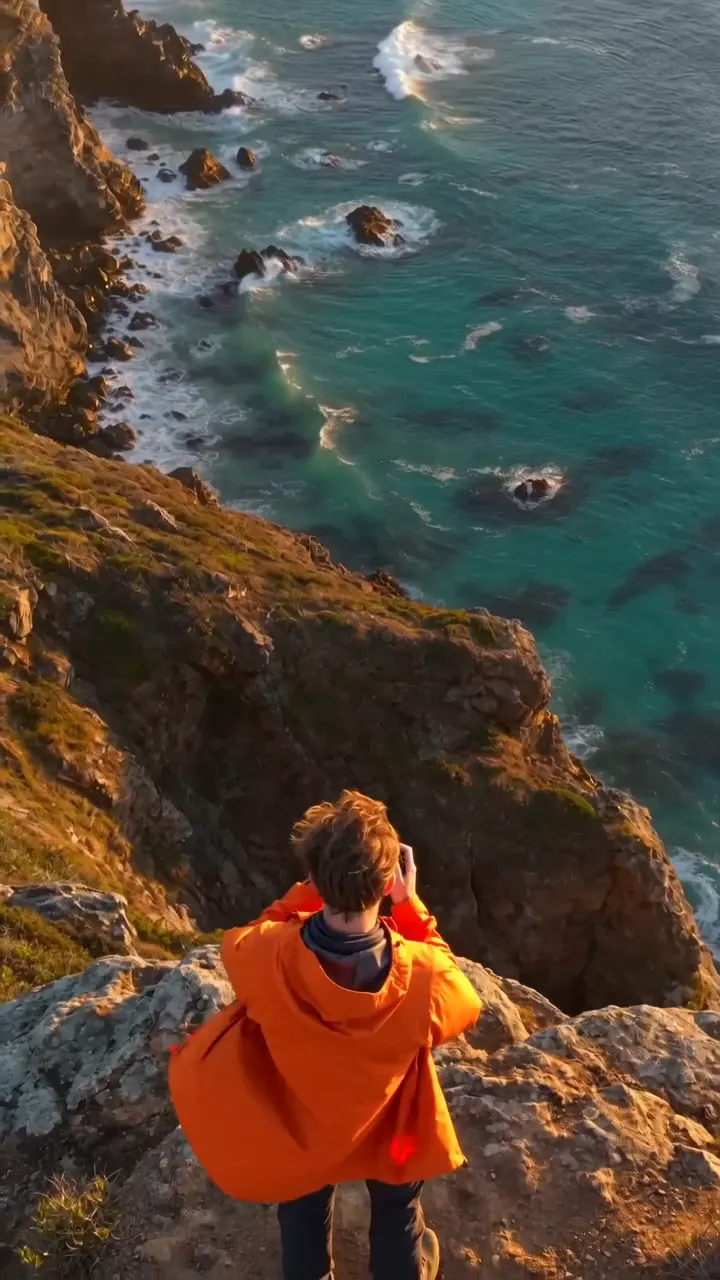 AI video generator travel reel showing a traveler overlooking a turquoise coastline at sunrise