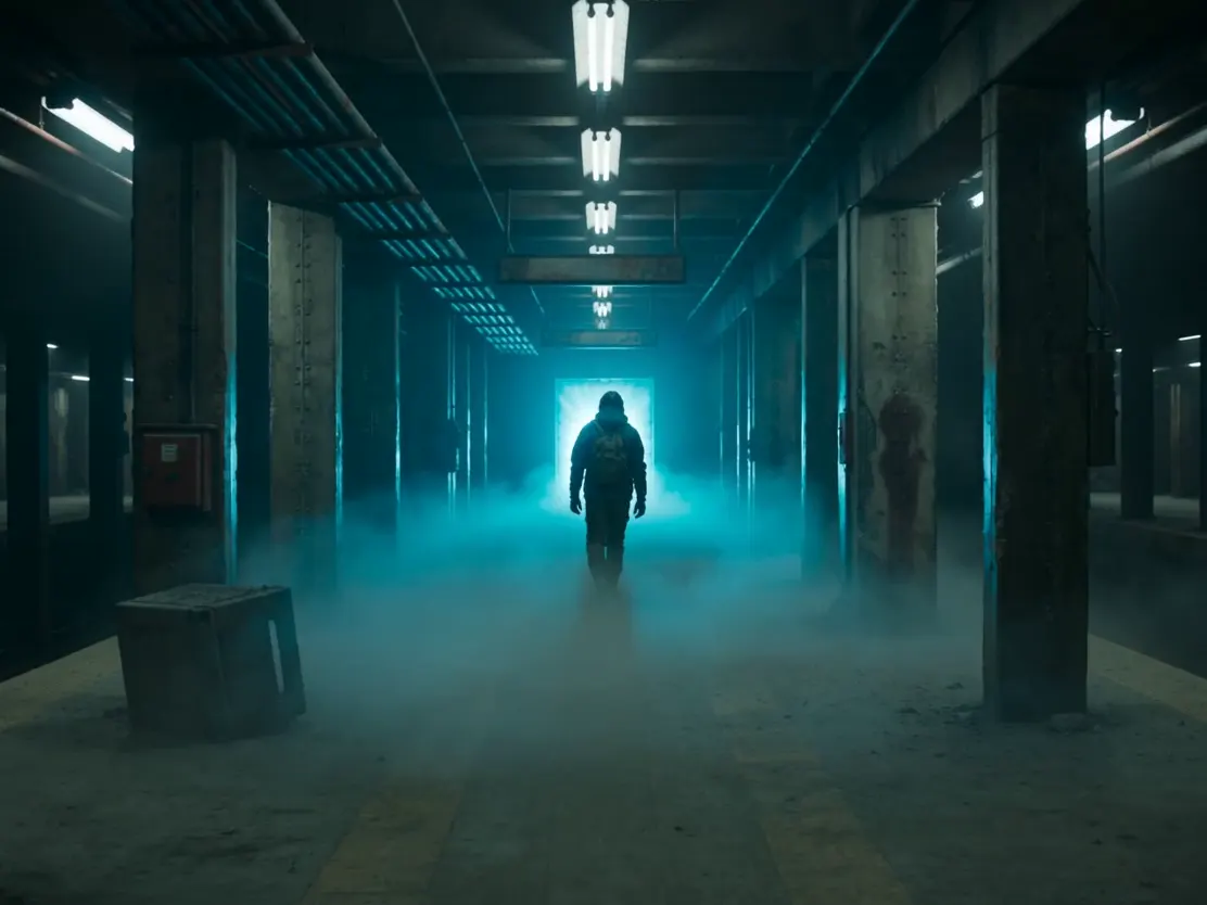 AI video generator story previsualization showing a character entering a futuristic environment